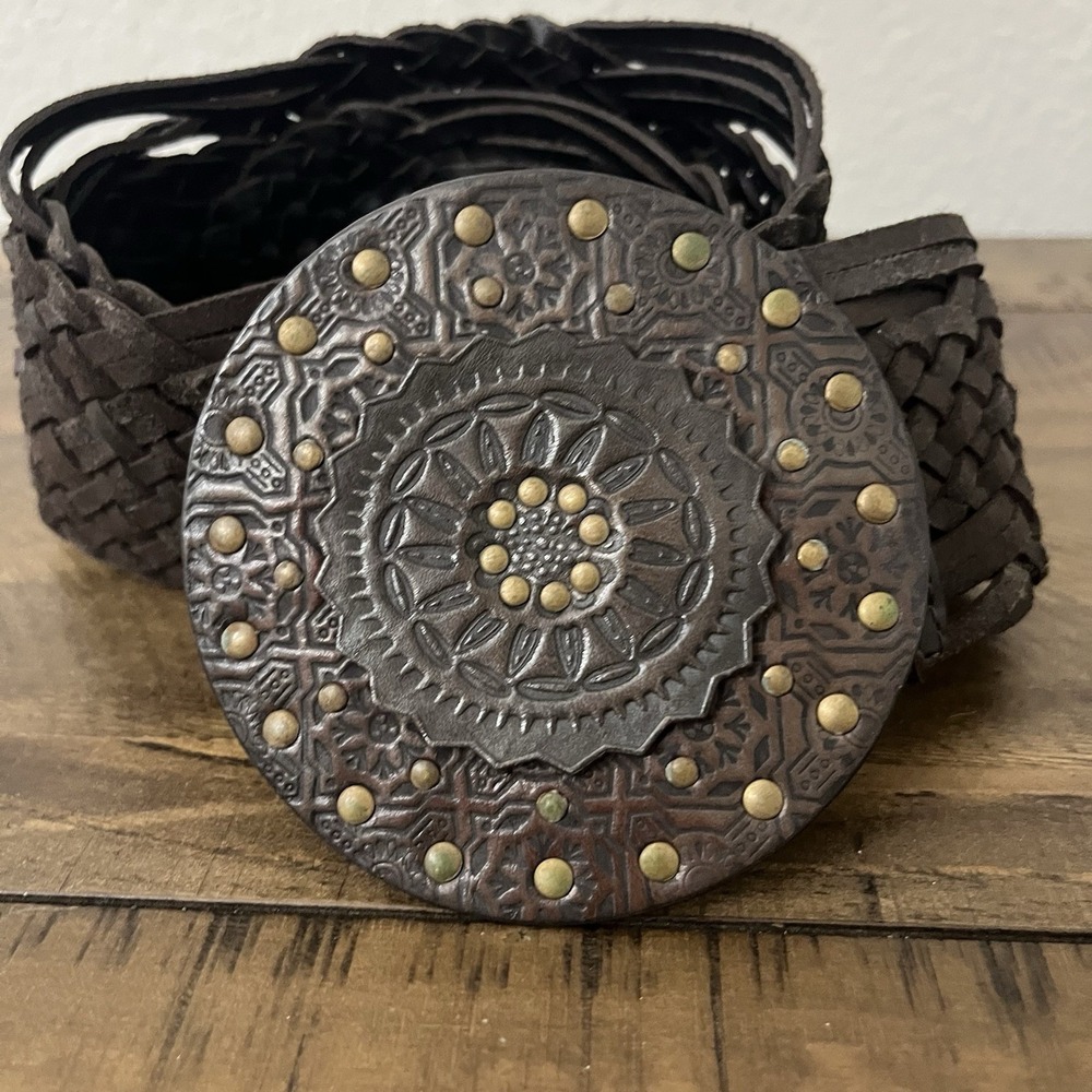 Woman's‎ Leather Braided Belt Large Leather Buckle Brown 34-36"